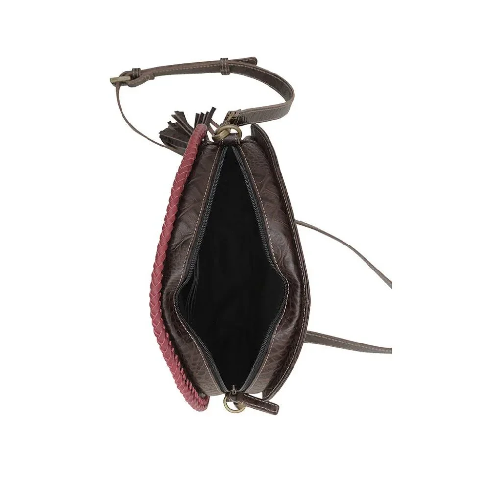 Myra Bag Handmade Coffee Round Bag Upcycled Canvas & Cowhide Leather - Picture 6 of 7